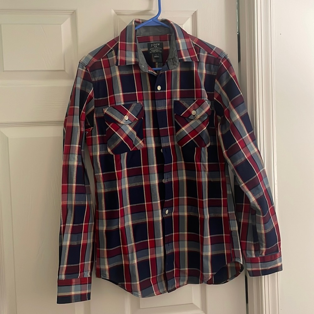 J crew heavyweight flannel, plied , blue red and cream. Small size
